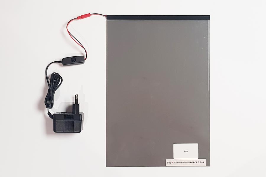 Test sample electrically switchable foil with transformer